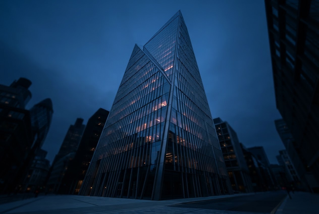 Modern UK financial district architecture at blue hour